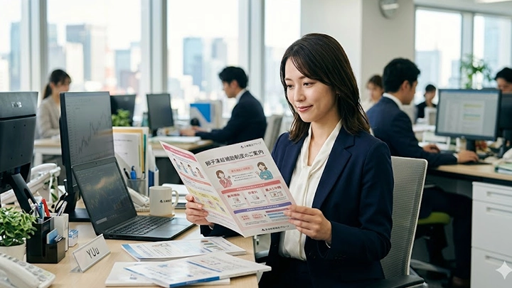 オフィスで企業の卵子凍結支援制度のパンフレットを読み、将来のキャリアとライフプランについて考える女性の様子。